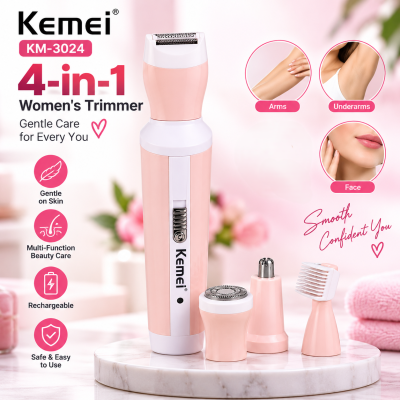 Kemei KM-3024 4-in-1 Rechargeable Women’s Grooming Kit – Painless Body Shaver, Nose, Eyebrow & Facial Hair Trimmer with Cordless Design